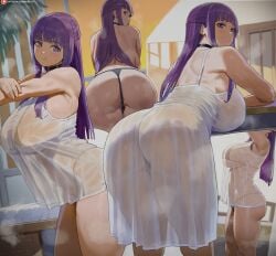 1girls ass breasts dat_ass female fern_(sousou_no_frieren) huge_ass large_breasts lingerie long_hair nightgown purple_eyes purple_hair see-through see-through_clothing shexyo sousou_no_frieren