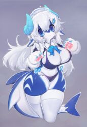 1girls anthro big_breasts blue_body blue_eyes countershading dragon dragon_horns female female_only fur furry horns hybrid long_hair looking_at_viewer maid_headdress maid_outfit marine neck_ribbon pawpads paws shark shark_tail soda_(soda_uyu) soda_uyu solo stockings tail thick_thighs very_high_resolution white_hair white_stockings