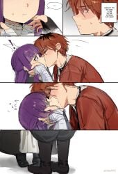 ! 1boy 1boy1girl 1girl 1girl1boy 1girls blush clothed clothed_female clothed_male deep_kiss deep_kissing exclamation_point fake_enn fern_(sousou_no_frieren) french_kiss french_kissing height_difference kissing long_hair purple_eyes purple_hair red_eyes red_hair sensual short_hair sousou_no_frieren spoken spoken_exclamation_mark standing_on_tip_toes stark_(sousou_no_frieren)