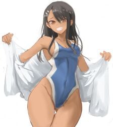 1girls dark-skinned_female female female_human female_only fit_female fully_clothed hayase_nagatoro human medium_breasts one-piece_swimsuit please_don't_bully_me,_nagatoro rakeemspoon slim_waist solo swimsuit_under_clothes thick_thighs tight_clothing wide_hips