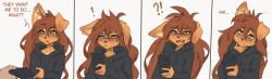 1girls apogee_(tinygaypirate) breasts brown_eyes brown_fur brown_hair canine comic cute dog_ears dog_girl earring female fluffy_tail freckles fur furry furry_female furry_only long_hair looking_at_viewer panels piercing small_breasts solo tail tattoo thighs tinygaypirate