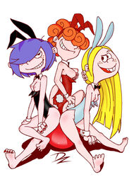 3girls blonde_hair blue_hair bowtie bunny_ear bunny_girl bunny_tail cuffs dzyer ed_edd_n_eddy eyeshadow feet freckles kanker_sisters large_breasts lee_kanker looking_at_viewer marie_kanker may_kanker multiple_girls nipple_slip orange_hair painted_nails sitting small_breasts smiling straight_hair