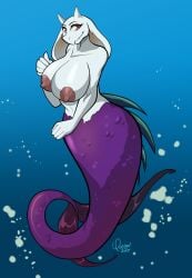 1girls alternate_species areola big_breasts blue_background boss_monster_(undertale) bovid breasts bubble caprine female fin fur hi_res horn huge_breasts hybrid long_ears looking_at_viewer mammal marine merfolk nude purple_body purple_scales purple_tail quelico red_eyes scales simple_background smile solo split_form tail tail_fin toby_fox toriel undertale undertale_(series) underwater water white_body white_fur