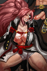 1boy 1girls after_oral after_orgasm anger_vein angry areolae baiken balls belt big_hair big_penis blush breasts cameltoe cleavage clenched_teeth cloak collarbone cum cum_on_breasts cum_on_clothes cum_on_face cum_string cumdrip curvy defeated duo eye_patch eyelashes faceless_male facial_markings feet female footwear full_body guilty_gear highres huge_breasts human imminent_oral johnny_sfondi large_breasts lipstick long_ponytail male nipples one_breast_out penis penis_out pink_eyes pink_hair pink_lipstick ponytail rhydwyn sandals shiny_skin solo_focus squatting straight thick_thighs toes