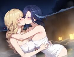 ai_generated blonde_hair censored clorinde_(genshin_impact) female french_kiss genshin_impact kissing large_breasts mosaic_censoring navia_(genshin_impact) purple_hair stable_diffusion towel yuri