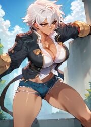 2d ai_generated black_jacket blazblue bullet_(blazblue) cleavage dark-skinned_female dark_skin day denim_shorts fingerless_gloves gauntlets jacket micro_shorts outdoors scar short_hair sky tagme white_hair white_shirt yellow_eyes