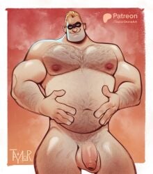 1boy bara big_belly blonde_hair blue_eyes bob_parr come_hither completely_nude cowboy_shot eye_mask fat fat_man flaccid foreskin hairy hand_on_own_stomach highres huge_pectorals looking_at_viewer male_focus male_pubic_hair mature_male mr._incredible muscular muscular_male navel navel_hair nipples nude pubic_hair seductive_smile short_hair smile solo standing stomach taylorstone_art the_incredibles thick_arm_hair thick_chest_hair thick_leg_hair thick_navel_hair thick_thighs thighs