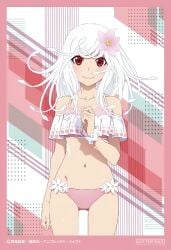 arm_at_side bare_belly bare_legs bare_shoulders bare_thighs belly_button bikini blush breasts closed_mouth collarbone flower_in_hair frills hand_up long_hair monogatari_(series) official_art pink_bikini red_eyes sengoku_nadeko shiny_skin small_breasts smile snake_hair standing thighs white_hair