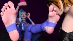 2girls 3d barefoot clothed clothed_female clothing feet female female_focus female_only foot_fetish foot_focus foot_lick k/da_series league_of_legends long_toes luxanna_crownguard meaty_soles selfie seraphine_(league_of_legends) soles solo_female stirrup_legwear stirrup_thighhighs sucking_toes toeless_legwear toes