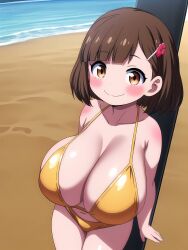 ai_generated beach big_breasts bikini blush bob_cut brown_eyes brown_hair buddy_daddies cute cute_female female hanging_breasts huge_breasts miri_unasaka navel rosenly sand short_hair shortstack standing yellow_bikini