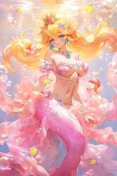 1girls 2024 big_breasts blonde_hair blooper blue_eyes breasts bubbles cheep_cheep cleavage crown female fish jewelry large_breasts light-skinned_female light_skin long_hair mario_(series) mario_hat mermaid mermaid_girl mermaid_tail mushroommirror navel nintendo pink_theme princess princess_peach smile solo solo_female strapless_bra super_mario_bros. underboob underwater video_game video_game_character video_games