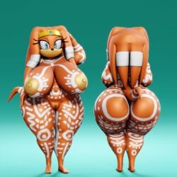 1female 3d big_ass big_breasts blue_eyes body_paint echidna female_only furry furry_only headwear markings naked naked_female orange_skin sagging_breasts simple_background small_feet smile smiling smiling_at_viewer sonic_(series) sonic_adventure sonic_the_hedgehog_(series) tail tikal_the_echidna vulkyasha white_markings yellow_nipples