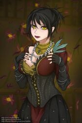 1girls big_breasts bleck_hair dragon_age female image_set kef34 morrigan_(dragon_age) short_hair solo yellow_eyes