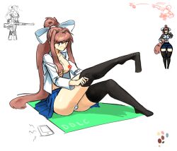 blue_skirt breasts censored clothes clothing doki_doki_literature_club emptyskull302 female_focus grenade gun heart_censor long_hair monika_(doki_doki_literature_club) panties panty_peek phone shimapan sketch sketches skirt solo_focus thigh_highs weapon weapons