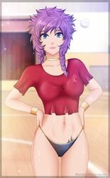 1girls blue_eyes female female_only hair hands_on_hips original panties purple_hair shadako26 shirt solo tattoo