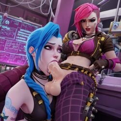 3d ai_generated athletic_female athletic_futanari fellatio futa_on_female futanari human incest jinx_(league_of_legends) league_of_legends partially_clothed penis sister_and_sister sisters vi vi_(league_of_legends)