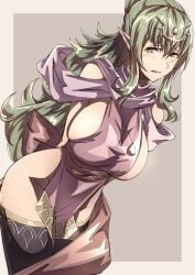 1girls absurdres alternate_costume arms_behind_back black_thighhighs blush breasts cosplay dress female female female_only fire_emblem fire_emblem:_mystery_of_the_emblem fire_emblem_awakening fire_emblem_heroes green_eyes green_hair highres large_breasts long_hair nintendo official_alternate_costume pelvic_curtain pink_dress pointy_ears ponytail revealing_clothes short_dress sideboob sidelocks solo sweatdrop thighhighs thighs tiki_(adult)_(fated_divinity)_(fire_emblem) tiki_(adult)_(fire_emblem) tiki_(fire_emblem) tiki_(young)_(fire_emblem) tiki_(young)_(fire_emblem)_(cosplay) to_(tototo_tk) undersized_clothes very_long_hair
