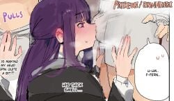 1boy 1boy1girl 1girls blush clothed clothed_female cropped cropped_image crouching crouching_female ennhentai fake_enn female fern_(sousou_no_frieren) long_hair male purple_eyes purple_hair sniffing sniffing_penis sniffing_underwear sousou_no_frieren squatting stark_(sousou_no_frieren) steam