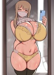 bra hanabi_(ocha) huge_breasts looking_at_viewer mask massive_breasts mirror original original_character panties phone sweat thick_thighs