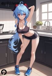 ahoge ai_generated alternate_costume arm_behind_head arm_up armpits bangs bare_arms bare_legs bare_shoulders black_shorts black_sports_bra blue_footwear blue_hair blush breasts cleavage collarbone contemporary crop_top dolphin_shorts female full_body ganyu_(genshin_impact) genshin_impact goat_horns grin hair_between_eyes horns indoors large_breasts leaning_forward legs long_hair looking_at_viewer midriff navel parted_lips pikkiwynn plant potted_plant purple_eyes shoes short_shorts shorts sidelocks smile sneakers solo sports_bra standing stomach thighs very_long_hair