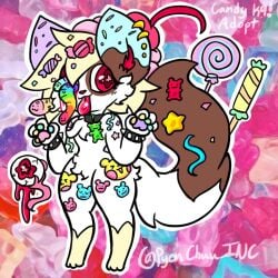 1_eye anthro blonde_hair blood bodily_fluids candy dessert food gummy_(food) gummy_bear_(food) gummy_worm hair lewdchuu_(artist) low-angle_view male mammal paws red_eyes solo star star_eyes tongue tongue_out white_body worm's-eye_view