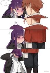 1boy 1boy1girl 1girl 1girl1boy 1girls blush clothed clothed_female clothed_male crouching crouching_female embarrassed embarrassed_female embarrassment fake_enn fern_(sousou_no_frieren) height_difference long_hair purple_eyes purple_hair red_hair safe short_hair sousou_no_frieren stark_(sousou_no_frieren)