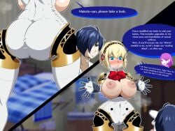 1boy 2girls aegis_(persona) ahoge aigis_(persona) alternate_breast_size android android_girl aqua_eyes areolae ass atlus awooga back_view bedroom big_ass big_breasts blonde_hair blue_eyes blue_hair blush bow bowtie breast_awe breasts breasts_out clothed dialogue dorm drooling duo_focus english_text exposed_breasts female game_ui half-closed_eyes headband horny horny_female huge_breasts human indoors inviting inviting_to_sex large_breasts looking_at_another makoto_yuki male megami_tensei metal minato_arisato modification narrowed_eyes navel naver nipples open_clothes open_mouth partially_clothed persona persona_3 persona_3_reload presenting_breasts purple_eyes purple_hair pussy rear_view ribbon robot robot_girl shiny_skin short_hair speech_bubble steam sweat text thick_thighs thighs tongue tongue_out waking_up yukari_takeba