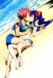 aged_up ai_generated alternate_breast_size beach bikini blue_hair breast_grab closed_eyes couple fairy_tail flower_in_hair grabbing_another's_breast hot kissing lying_down lying_on_ground medium_breasts natsu_dragneel romantic wendy_marvell