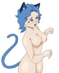 blue_eyes blue_hair breasts_out cat_ears cat_tail catgirl eye_sparkle female female_only nude_female