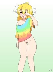 blonde_hair bottomless floral_foxingdale imxr24 messy_hair original_character pussy rubbing_eyes shirt_only simple_background sleepy tie-dye uncensored