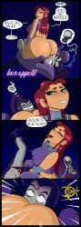 2girls ass big_ass comic dc dc_comics dialogue facesitting fart fart_in_mouth farting farting_in_face feamle female femdom femsub grey_skin huge_ass markharvest multiple_girls orange_skin raven_(dc) red_hair smelly_ass starfire teen_titans text yuri