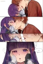 1boy 1boy1girl 1girl 1girl1boy 1girls blush clothed clothed_female clothed_male deep_kiss deep_kissing drool fake_enn fern_(sousou_no_frieren) french_kiss french_kissing height_difference kissing long_hair purple_eyes purple_hair red_eyes red_hair saliva saliva_trail sensual short_hair sousou_no_frieren spit spit_trail stark_(sousou_no_frieren)