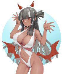 bat_wings black_hair cowboy_shot dark-skinned_female floating_horns gesture horns huge_breasts long_hair looking_at_viewer one_side_up pointy_ears pose red_eyes streaked_hair swimsuit thighs white_hair white_swimsuit