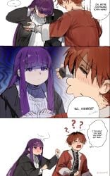 1boy 1boy1girl 1girls angry angry_expression angry_face blush clothed clothed_female clothed_male crouching crouching_female embarrassed embarrassed_female embarrassment ennhentai fake_enn female fern_(sousou_no_frieren) height_difference long_hair male purple_eyes purple_hair red_eyes red_hair safe short_hair sousou_no_frieren stark_(sousou_no_frieren)