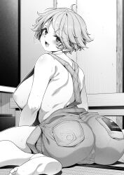 1girls aged_up areola_slip areolae ass barefoot big_ass big_butt breasts breasts_out bubble_ass bubble_butt condom condom_in_pocket curvy curvy_ass curvy_figure female female greyscale hi_res high_resolution highres huge_breasts inuyama_akari large_ass large_breasts large_butt looking_at_viewer looking_back monochrome naked_overalls open_mouth overalls overalls_only shirokuma_(nankyoku) short_hair sideboob sitting smile soles solo sweat sweatdrop sweating voluptuous yurucamp