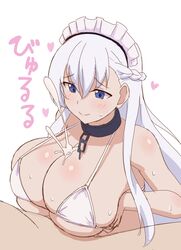 1boy 1girls absurdres azur_lane belfast_(azur_lane) bikini blue_eyes blush breasts collar cum ejaculation eyebrows_visible_through_hair highres huge_breasts kouhone light-skinned_female light-skinned_male light_skin maid_headdress micro_bikini paizuri royal_navy_(azur_lane) smile swimsuit white_hair