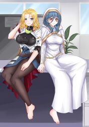 2girls adjusting_hair alternate_costume blonde_hair blue_eyes blue_hair breasts cosplay costume_switch dress female female_only fire_emblem fire_emblem:_the_sacred_stones grin hair_between_eyes honkai:_star_rail honkai_(series) hood indoors large_breasts leggings long_sleeves medium_breasts medium_hair multiple_girls natasha_(fire_emblem) natasha_(fire_emblem)_(cosplay) natasha_(honkai:_star_rail) natasha_(honkai:_star_rail)_(cosplay) nintendo note nun office on_table plant priestess red_eyes rynn_(darknescorez) short_hair short_sleeves sidelocks sitting smile table window yellow_hair