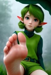 ai_generated barefoot belt elf_ears feet foot_fetish foot_focus foot_play green_clothing green_eyes green_hair imminent_foot_worship looking_at_viewer offering_feet_to_viewer offering_to_viewer outdoors pov pov_eye_contact pov_feet raining saria su_whore_(artist) sweat sweaty sweaty_feet the_legend_of_zelda