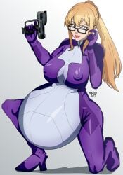 1girls belly big_belly big_breasts blonde_hair bodysuit breasts female glasses gun hyper_belly hyper_pregnancy nipple_outline ponytail pregnant sado_art skintight solo