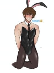 1boy abs albertsstuff aroused blush bulge bunny_costume bunny_ears bunnysuit flamingo_(youtuber) hands_behind_back hands_tied kneeling large_bulge latex male muscular_male real_person shy staring_at_viewer