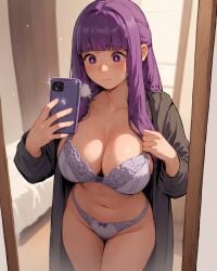 1girls abs ai_generated alex-schura big_breasts blunt_bangs blush bodily_fluids bra breasts busty cellphone cleavage embarrassed female female_only female_pov fern_(sousou_no_frieren) flashing flashing_breasts front_view holding_object hoodie hourglass_figure huge_breasts jacket legwear lifted_by_self light-skinned_female light_skin lingerie lingerie_bra lingerie_panties looking_at_mirror looking_at_self looking_at_viewer midriff mirror mirror_reflection mirror_selfie mostly_nude nai_diffusion oppai panties partially_clothed pov purple_eyes purple_hair pussy_juice_drip revealing_clothes selfie shy sigh skimpy skimpy_clothes sleepwear sousou_no_frieren stable_diffusion standing sweat sweatdrop taking_selfie tank_top_lift underwear very_long_hair voluptuous