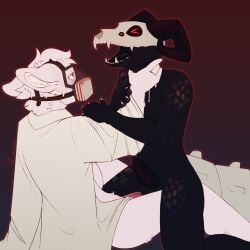 4_eyes anal anal_sex anthro anthro_on_anthro anthro_penetrated anthro_penetrating anthro_penetrating_anthro asphyxiation balls black_body bone canid canine changed_(video_game) choking clothing coat demon doctor dr._k_(changed) duo erotic_asphyxiation from_front_position fur gas_mask genitals goo_creature hand_around_neck hi_res horn kisha_(artist) lab_coat latex_creature living_latex male male/male male_penetrated male_penetrating male_penetrating_male mammal mask multi_eye nude_anthro nude_male open_mouth penetration penile penile_penetration penis penis_in_ass red_background red_eyes sex simple_background sitting skull skull_head topwear white_body white_fur