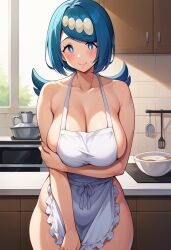 1girls ai_generated apron apron_only big_breasts blue_eyes blue_hair blush breasts freckles hair_ornament kitchen lana's_mother_(pokemon) looking_at_viewer mature_female milf nintendo pokemon pokemon_sm sfcprojunior tied_hair