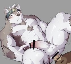 abs anal anal_sex anthro balls biceps brown_fur canid canine canis censor_bar censored chest_tuft cum duo fur headband hi_res horkeukamui ineffective_censorship kimun_kamui_(tokyo_afterschool_summoners) lveink male male_only mammal multicolored_fur muscular muscular_male navel nipples penetration penis tan_fur tokyo_afterschool_summoners tuft two_tone_fur ursid video_games white_fur wolf yaoi