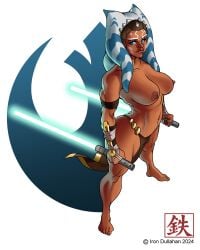 ahsoka_tano alien alien_girl blue_eyes breasts casual female half_naked handwear huge_breasts iron-dullahan lightsaber loincloth lucasfilm medium_breasts nipples pelvic_curtain solo solo_female solo_focus star_wars tentacle_hair thick_thighs togruta weapon