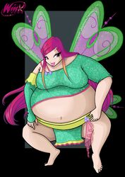 1girls bbw believix big_breasts huge_belly loincloth multicolored_hair navel obese overweight overweight_female roxy_(winx_club) smile solo squatting winx_club