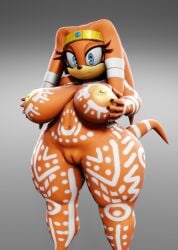 1female 3d big_ass big_breasts blue_eyes body_paint echidna female_only furry furry_only headwear holding_breast markings naked naked_female orange_skin sagging_breasts simple_background small_feet smile smiling smiling_at_viewer sonic_(series) sonic_adventure sonic_the_hedgehog_(series) tail tikal_the_echidna vulkyasha white_markings yellow_nipples