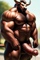 ai_generated anthro bara barazoku beard big_balls big_muscles big_nipples big_penis bovid chest_hair equid equine erection facial_hair flared_penis horns large_penis male male_only minostical_(artist) minotaur muscular muscular_male naked penis pubic_hair solo_male vein veiny_penis