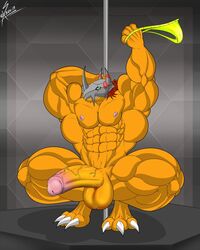 2017 abs balls biceps big_penis claws clothing crouching digimon digimon_(species) erection hi_res huge_cock huge_muscles humanoid_penis male male_only muscular muscular_male nipples no_humans nude pecs penis pole saixyuniz-xynz sharp_claws solo stripper_pole triceps underwear vein veiny_penis wargreymon