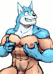 2018 abs blue_fur canid canine canis countershading domestic_dog fingernails fur grin hi_res male male_only mammal monapic_chang muscular muscular_male nails nipples nude one_eye_closed pec_grasp pecs penis smile solo subaru_(monapic_chang) white_countershading wink